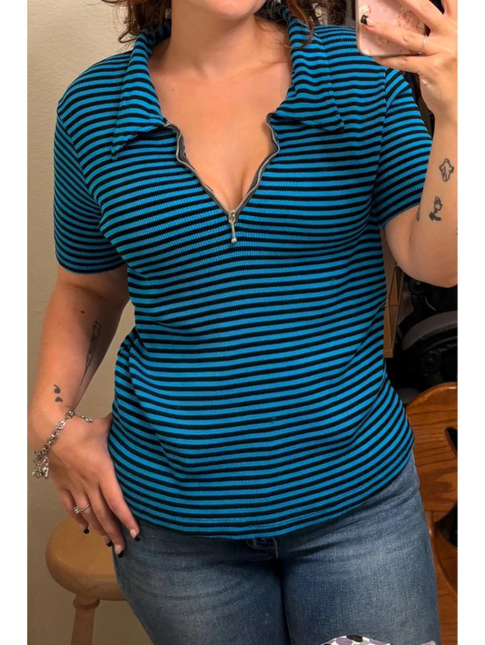 Blue and Black Zipped Zip Up V Neck Short Sleeve Vintage Alternative Shirt